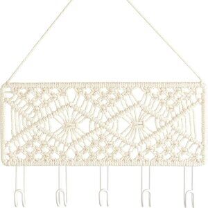 Boho Macrame Wall Decor with Hooks Bohemian Farmhouse 5 Hooks